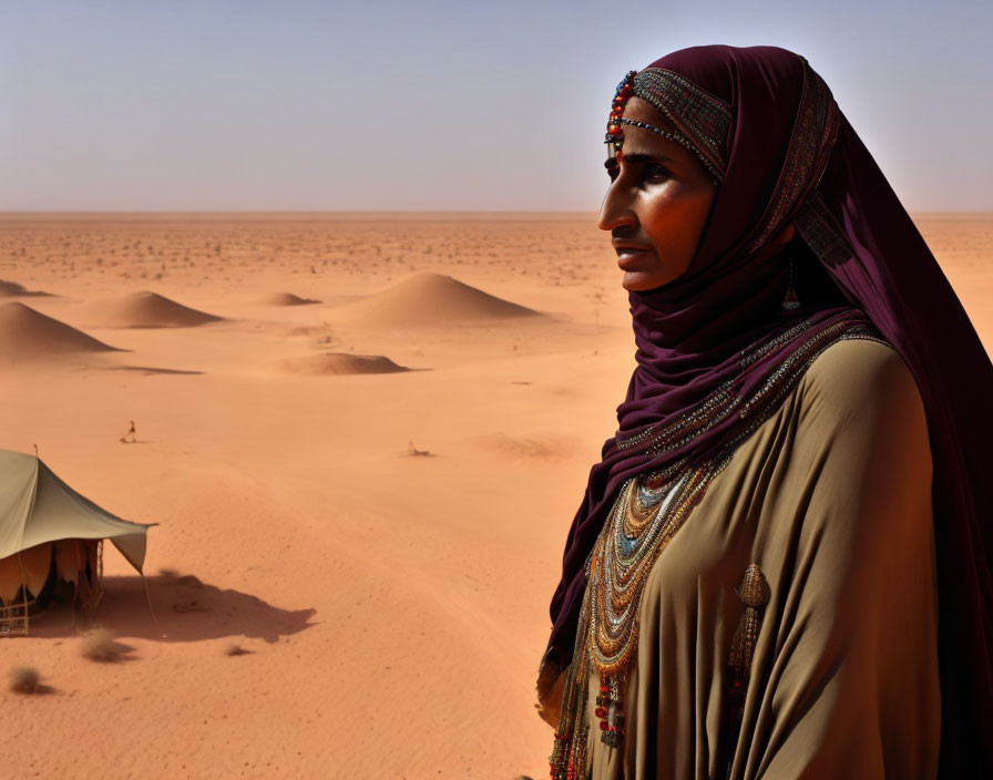 Traditional attire person gazes in desert landscape with sand dunes and tent.