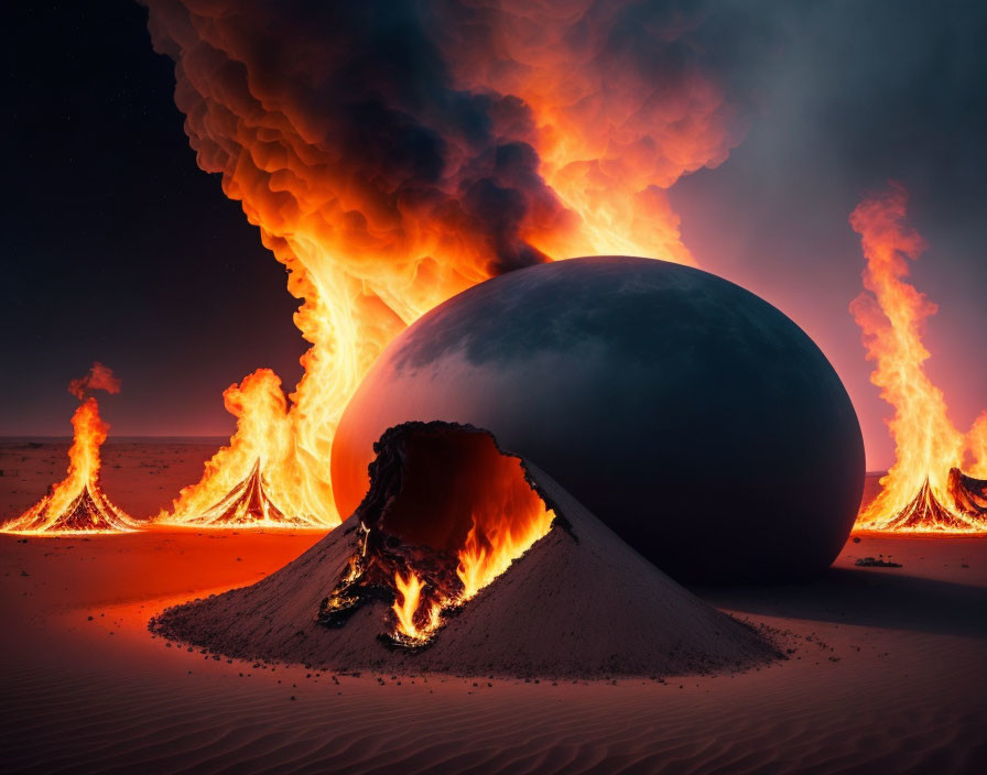 Surreal desert landscape with giant sphere, volcanic eruptions, and fiery lava flows