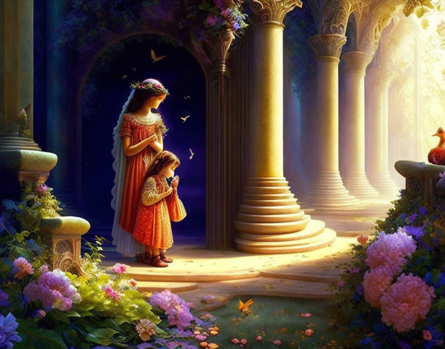 Enchanted garden scene with two girls, pillars, flowers, and birds