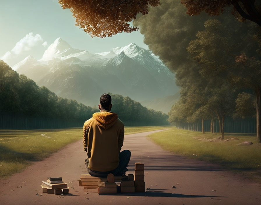 Person in Yellow Hoodie Sitting on Wooden Palette Facing Snow-Capped Mountains