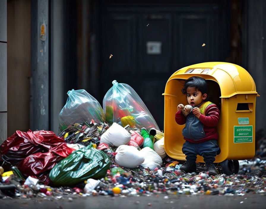 Child in Red Sweater by Overflowing Yellow Dumpster