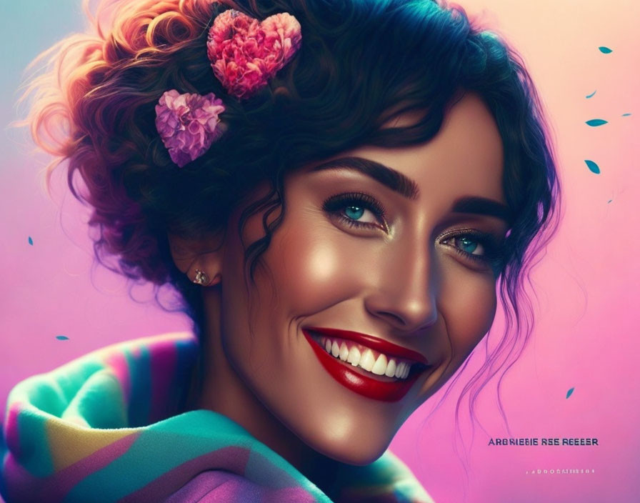 Colorful digital portrait of smiling woman with curly hair and flowers on gradient background