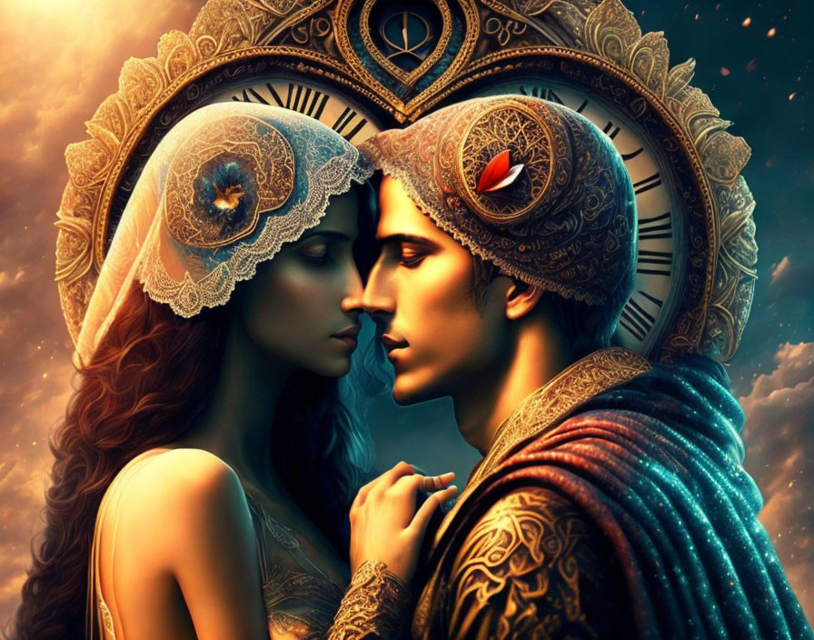 Man and woman in profile with ornate headpieces against cosmic backdrop with time and mysticism motifs.