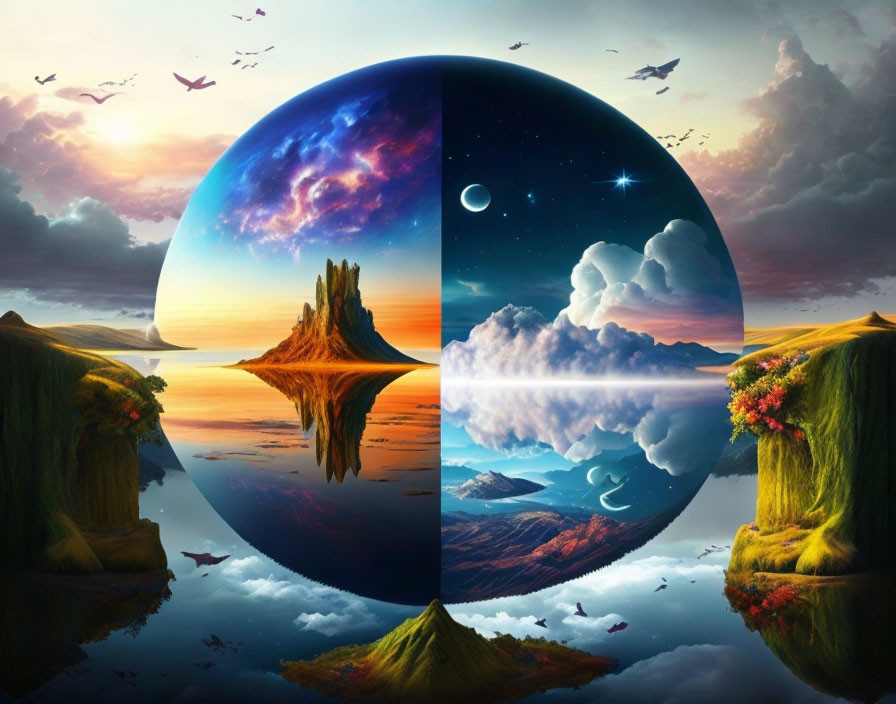 Surreal image: Giant yin-yang with day-night landscapes, water reflections, birds