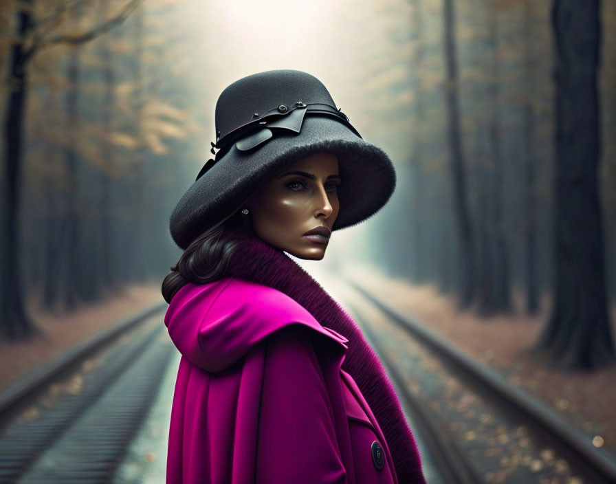 Woman in Stylish Hat and Pink Coat on Misty Railroad Tracks in Autumn