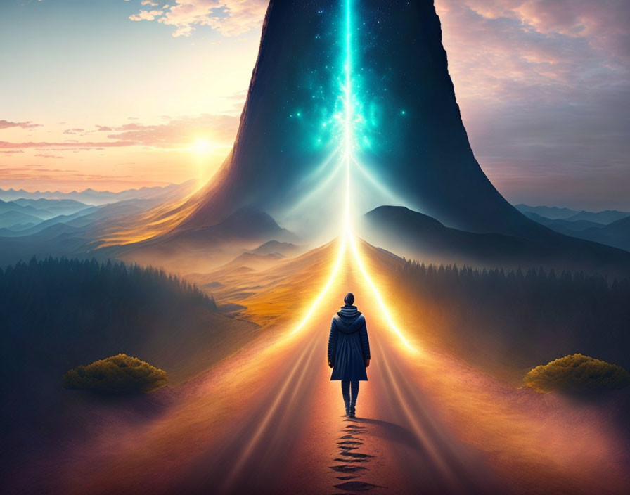 Person on mystical path towards radiant mountain under celestial light at sunrise/sunset.