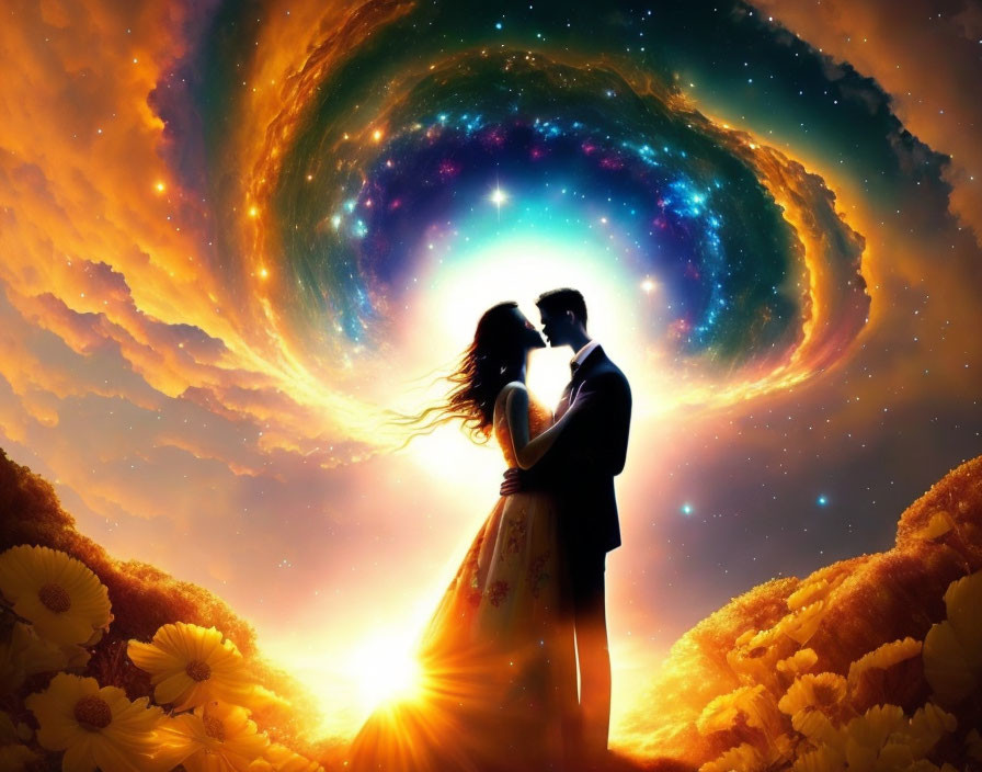 Embracing couple in cosmic swirl with sunflowers at sunset