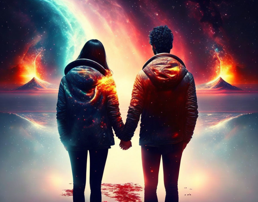 Couple holding hands under cosmic sky with auroras and fiery mountains.