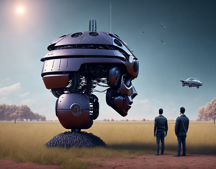 Futuristic hovering robot head observed by two people