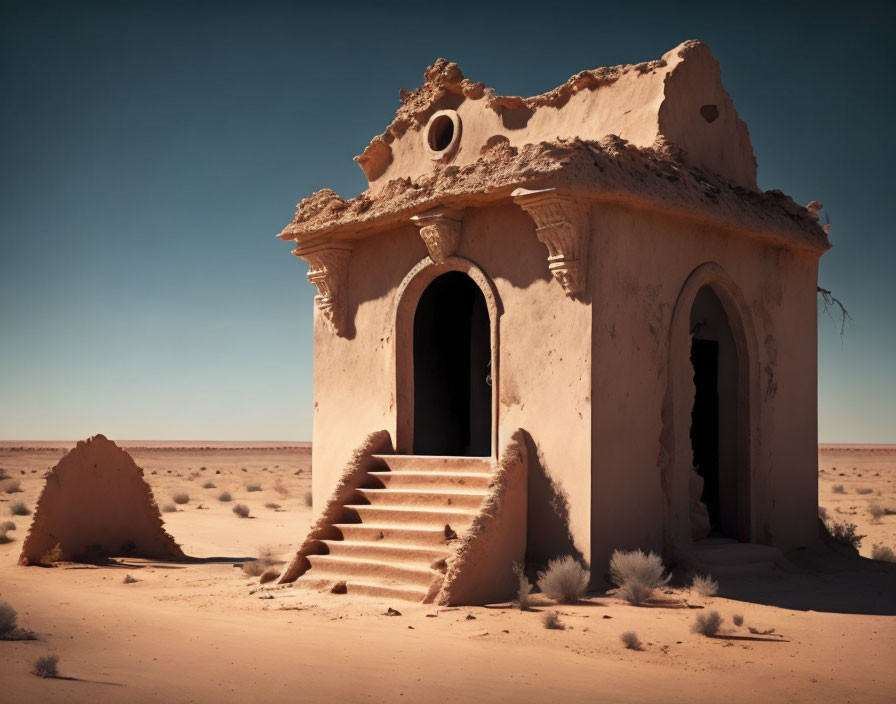 Desert church ruins under clear blue sky