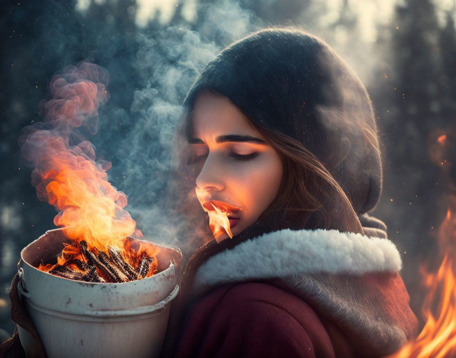 Woman in Winter Attire Warms Hands by Fire in Snowy Forest