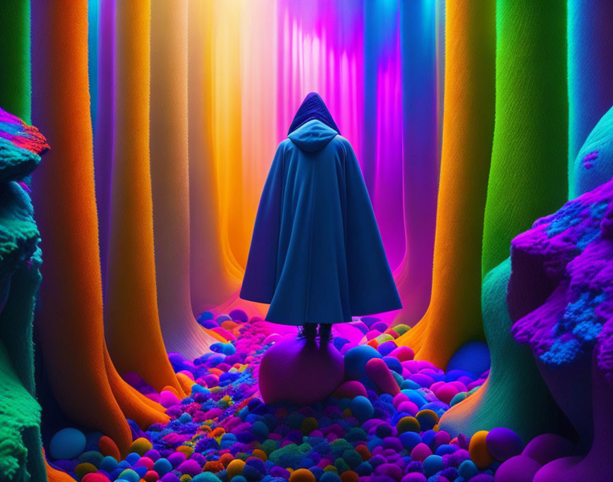 Person in Blue Cloak in Vibrant Otherworldly Landscape with Colorful Formations