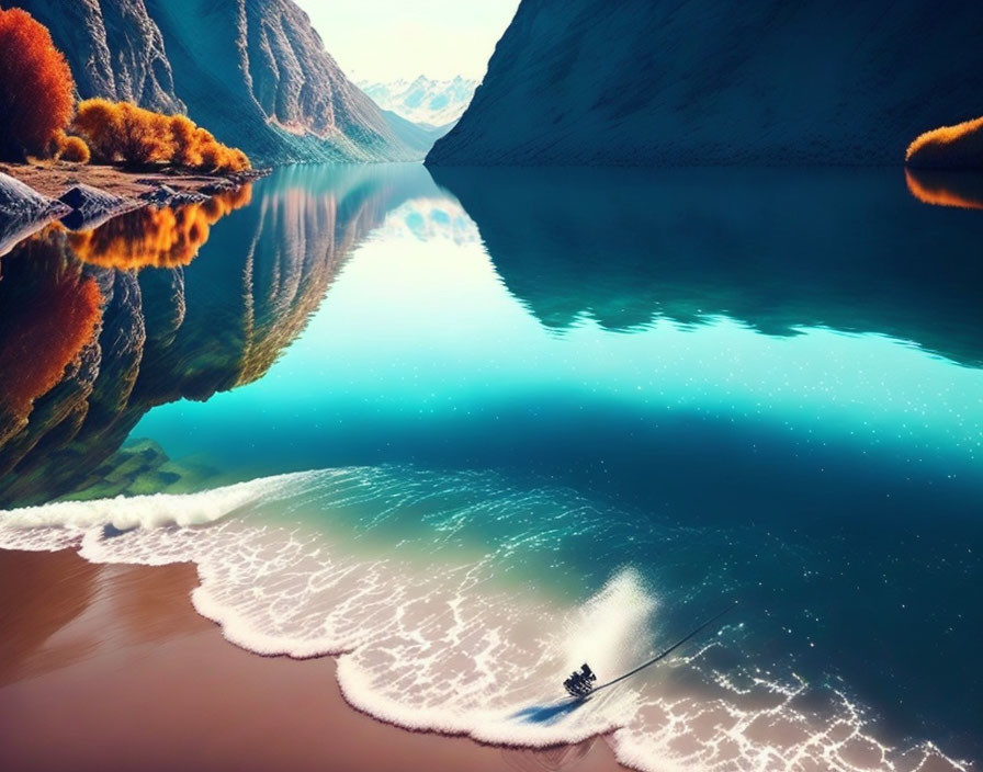 Tranquil lake scene with boat, mountains, and beach