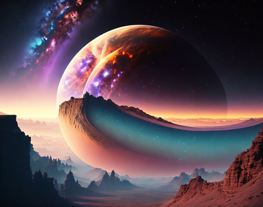 Vast desert foreground with colossal colorful planet in surreal landscape