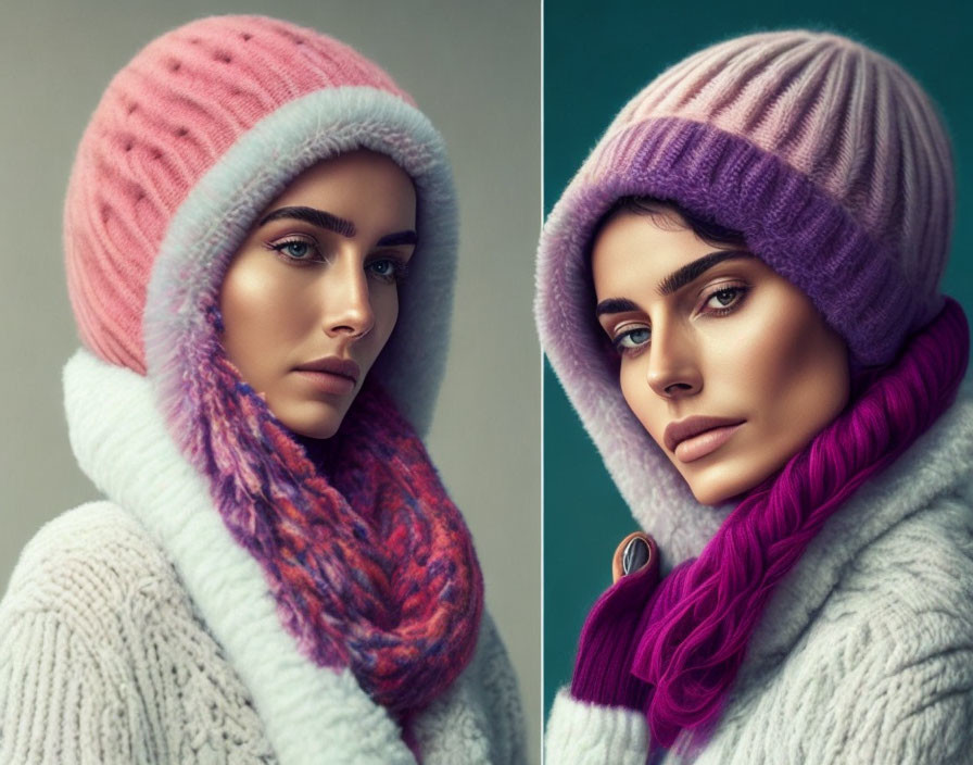 Woman with striking eyes in pink and purple beanies and scarves.