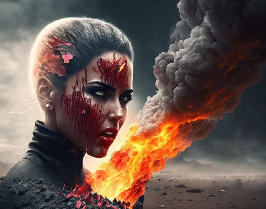 Fiery woman with cracked lava face breathing fire in apocalyptic setting