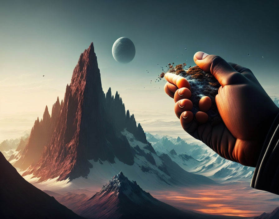 Surreal landscape with giant hand, rocky peaks, moon, warm to cold colors