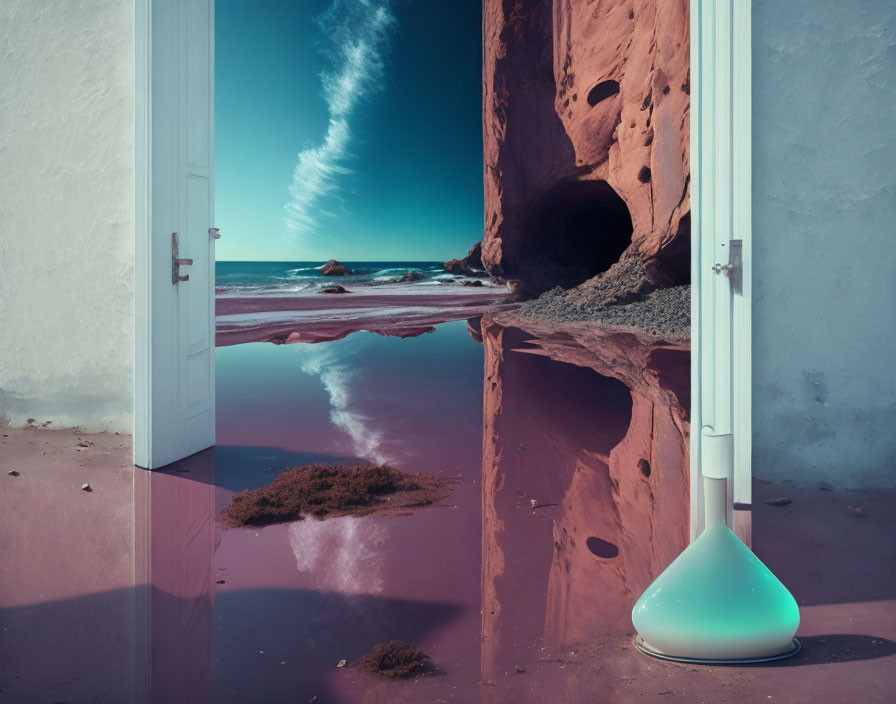 Indoor Space Transforms into Beach Cave with Pink Waters