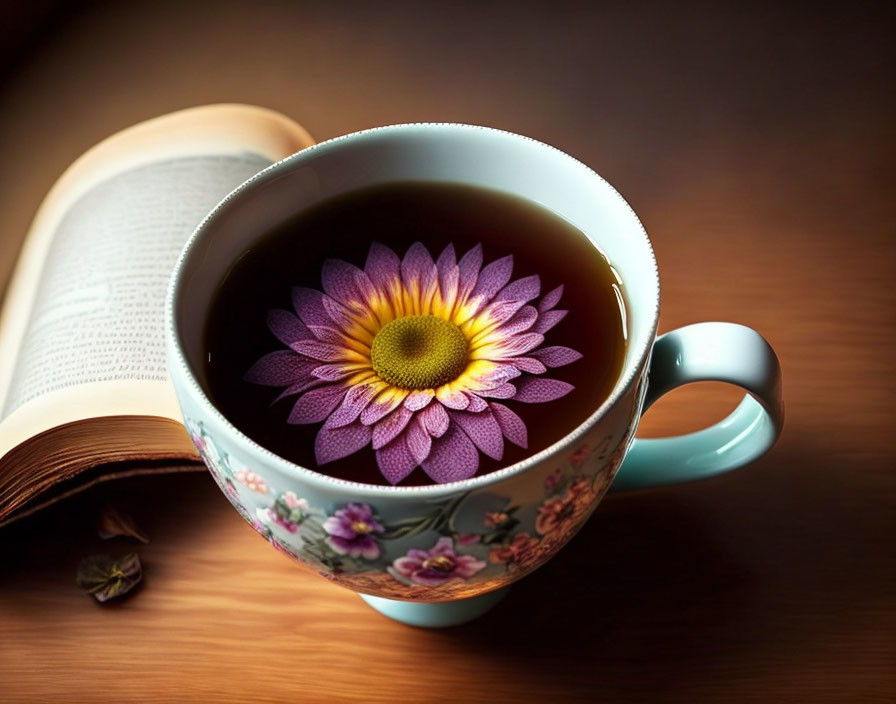 Flower on Tea Surface Next to Open Book on Wooden Table