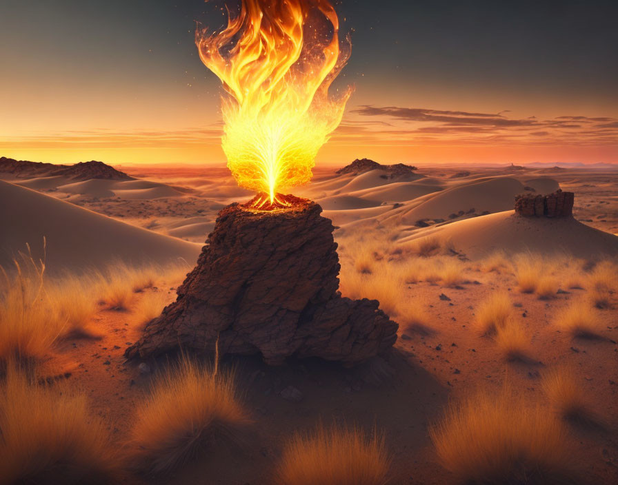 Fiery phoenix on rock in desert at sunset with flaming wings.