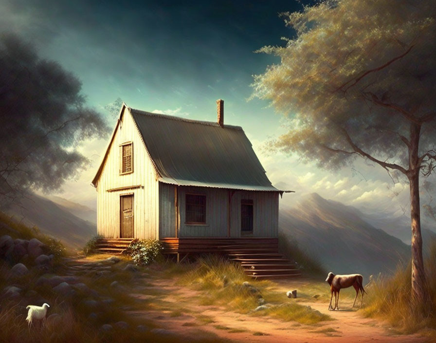 Tranquil sunset scene with wooden house, hills, tree, and horse.