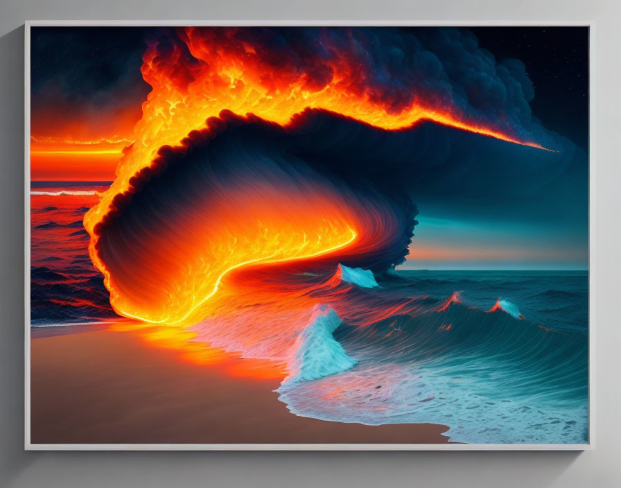 Intense lava wave flowing into the sea under dark sky