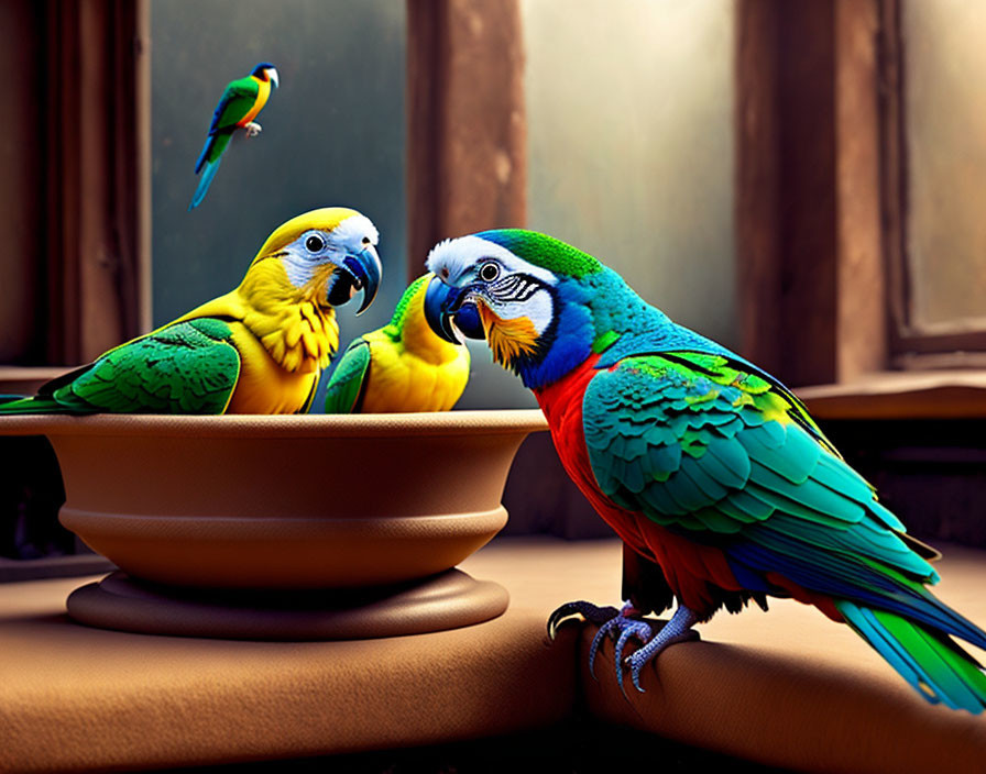 Colorful Parrots by Bowl with Wooden-Framed Window