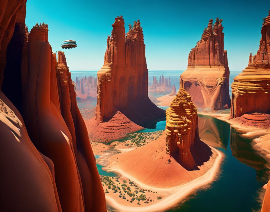 Futuristic desert landscape with red rock formations and flying saucer