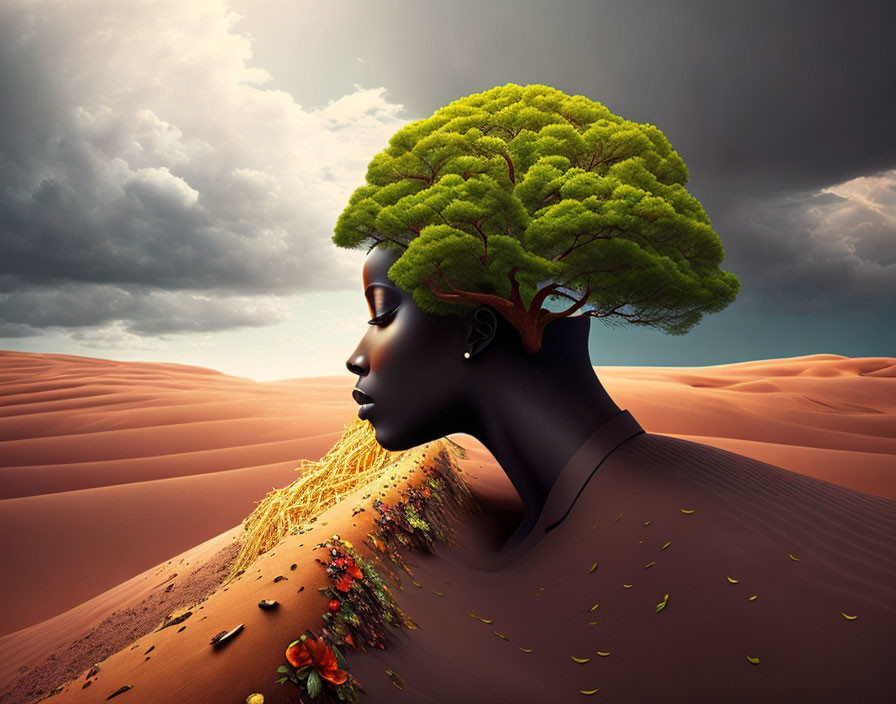 Surreal image: Woman with tree hair in desert landscape