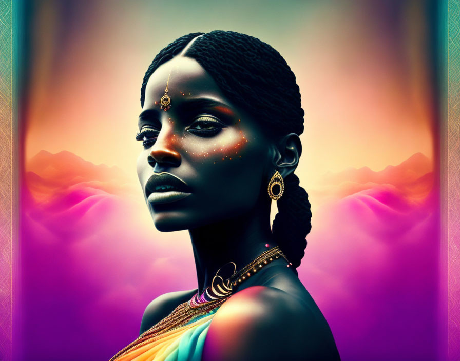 Vibrant digital portrait of a woman against colorful gradient backdrop