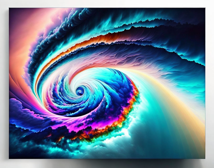 Colorful abstract digital art: swirling cosmic vortex in blues, oranges, and purples