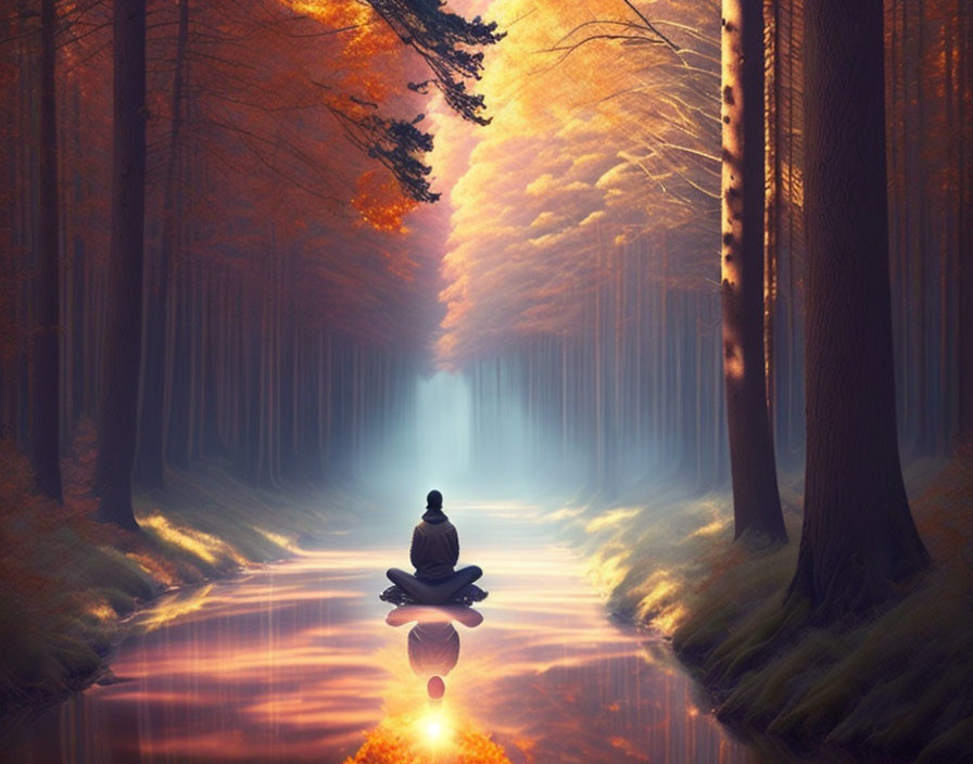 Person meditating in tranquil forest with water reflection