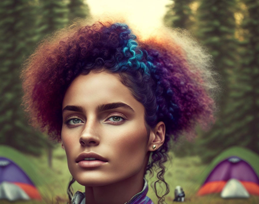 Vibrant multicolored hair woman in forest campsite portrait