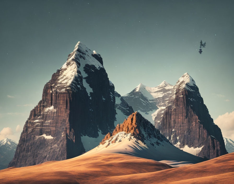 Snow-capped mountains tower over desert landscape with flying object in sky