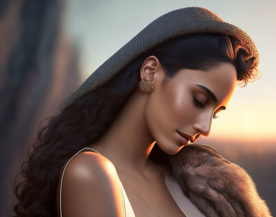 Digital artwork: Woman with dark hair in profile view draped in luxurious fabrics against soft sunset background