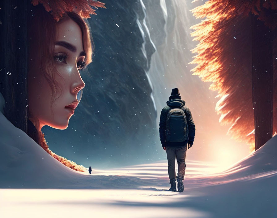 Snowy Path Between Giant Trees: Woman's Face Profile Under Starry Sky