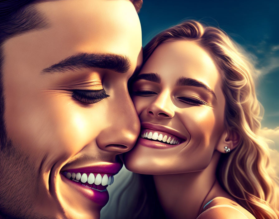 Happy couple illustration: Smiling with closed eyes, foreheads touching