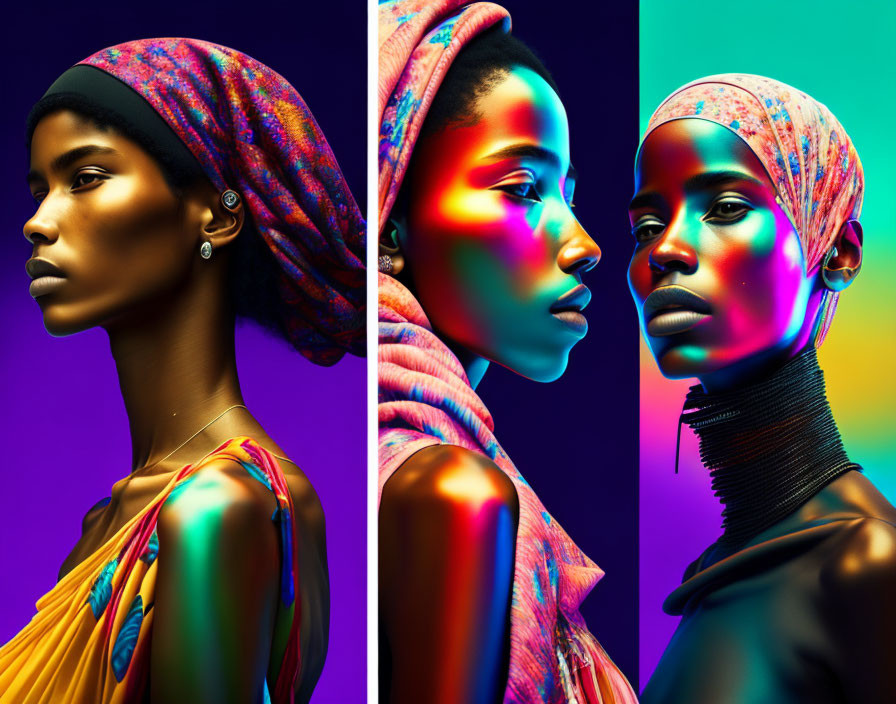 Vibrant makeup woman portraits in colorful backgrounds