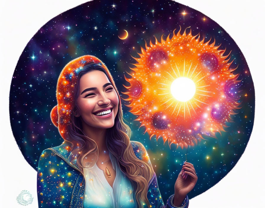 Smiling woman with cosmic elements and mandala-like sun in space