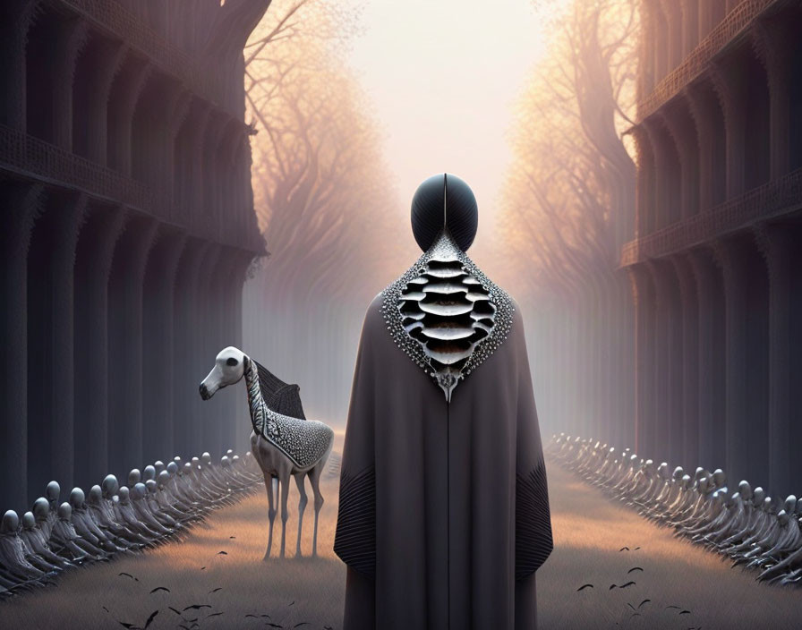 Surreal image of person in cloak with patterned spine at split path with white dog and tree