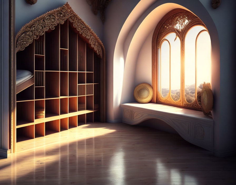 Sunlit elegant room with arched windows, bookshelf, bench, and cozy bed.