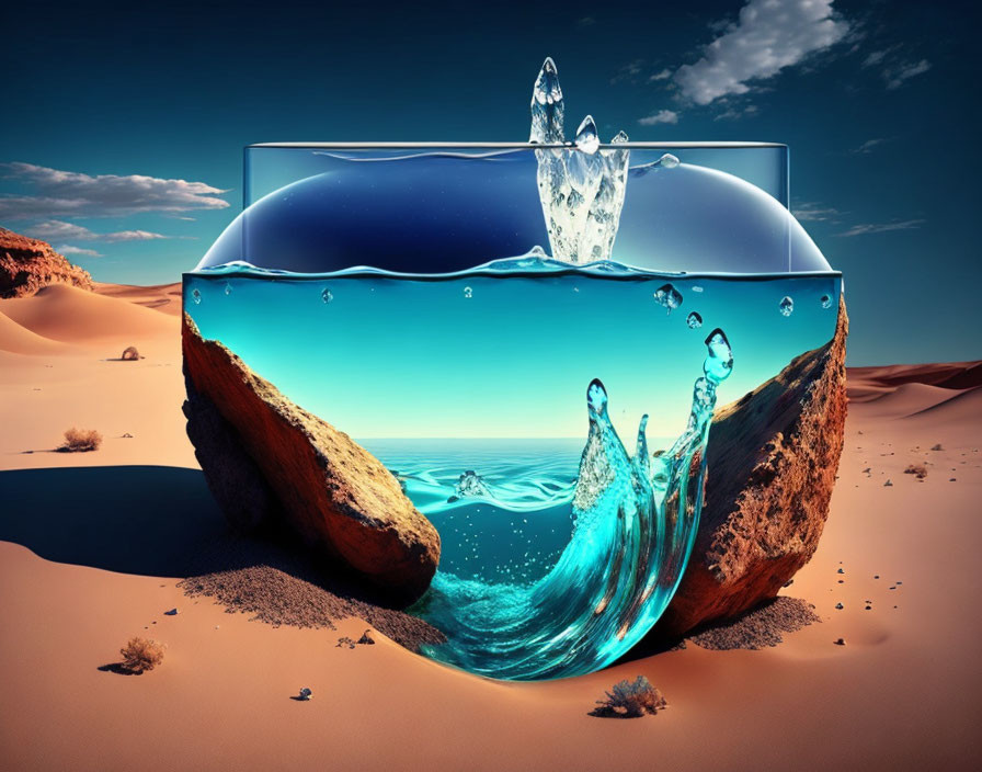 Transparent water-filled vessel in desert sand with splash under blue sky