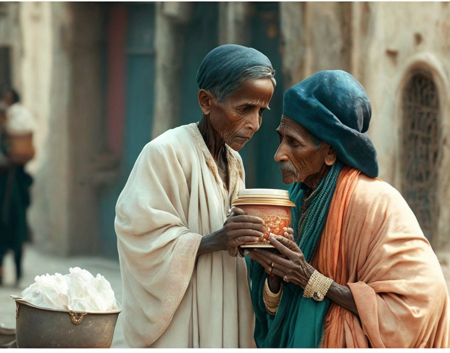 Elderly individuals exchange container in rustic street scene