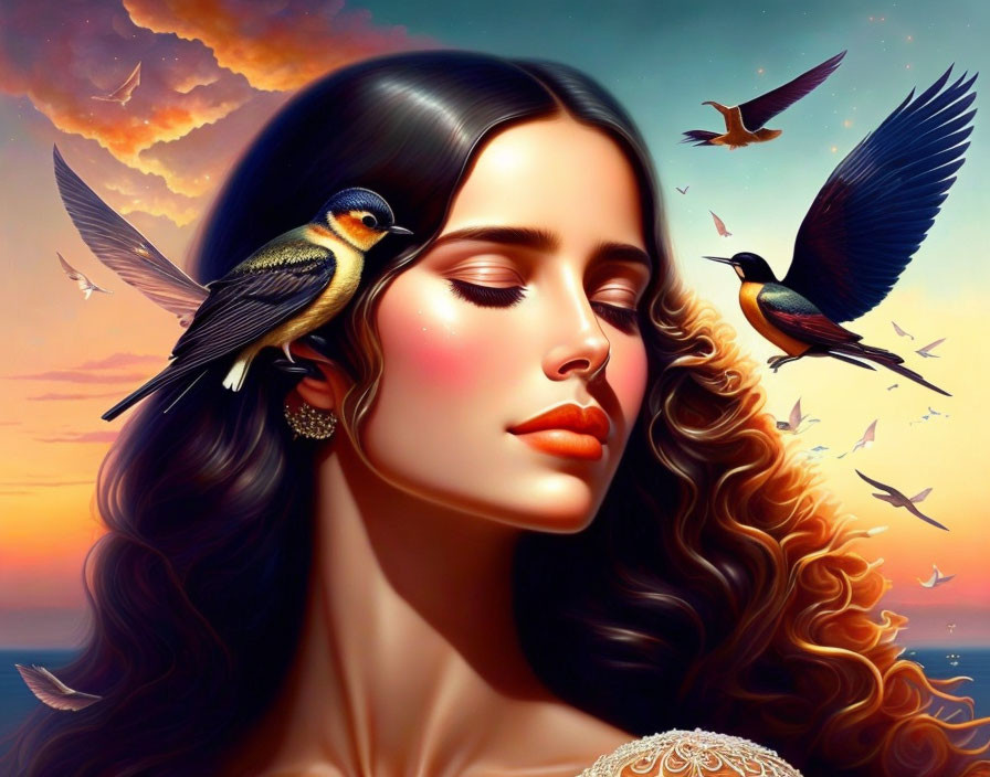 Dark-haired woman with glowing skin and vibrant birds in sunset sky.