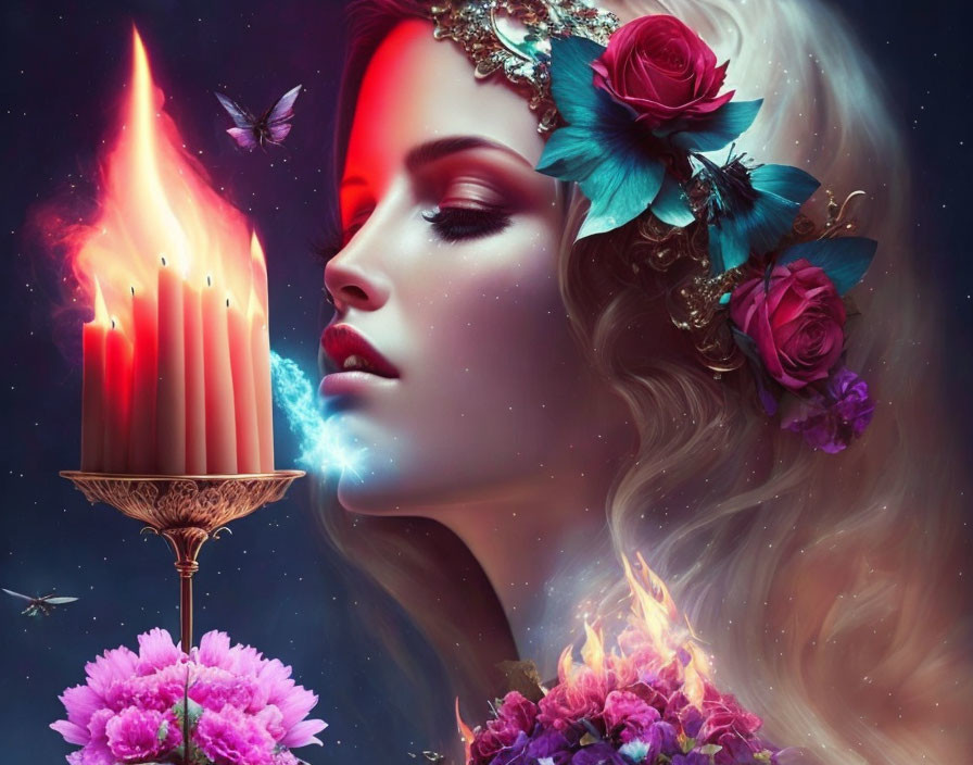 Portrait of woman with glowing skin, blue roses, butterflies, candle, and starry backdrop