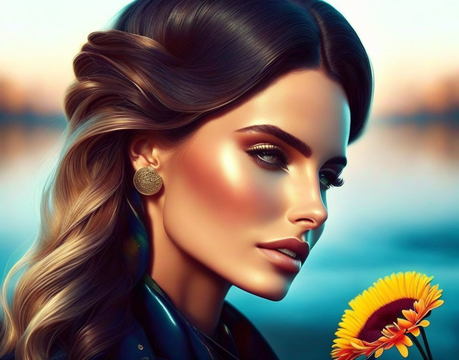 Digital Art Portrait of Woman with Styled Hair, Makeup, Earrings, Sunflower, and Blue Water