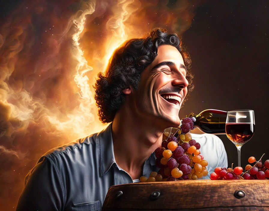 Curly-haired man laughing with grapes and wine in fiery setting