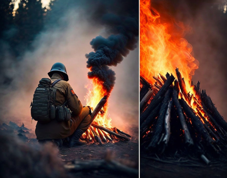 Firefighter observing intense flames and dark smoke at dusk