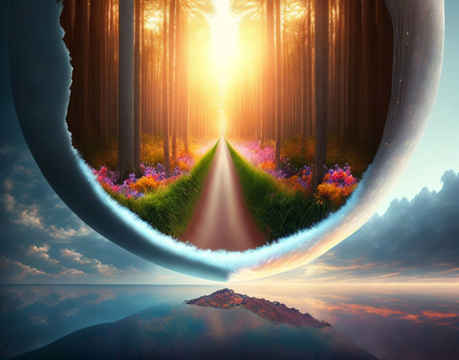 Surreal circular landscape with inverted forest and sunrise horizon