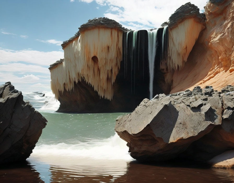 Surreal landscape with cascading waterfall and rocky terrain